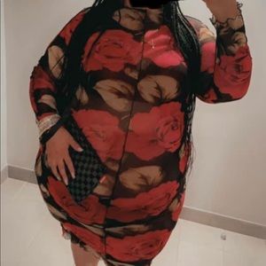 Plus size sexy sheer rose print dress